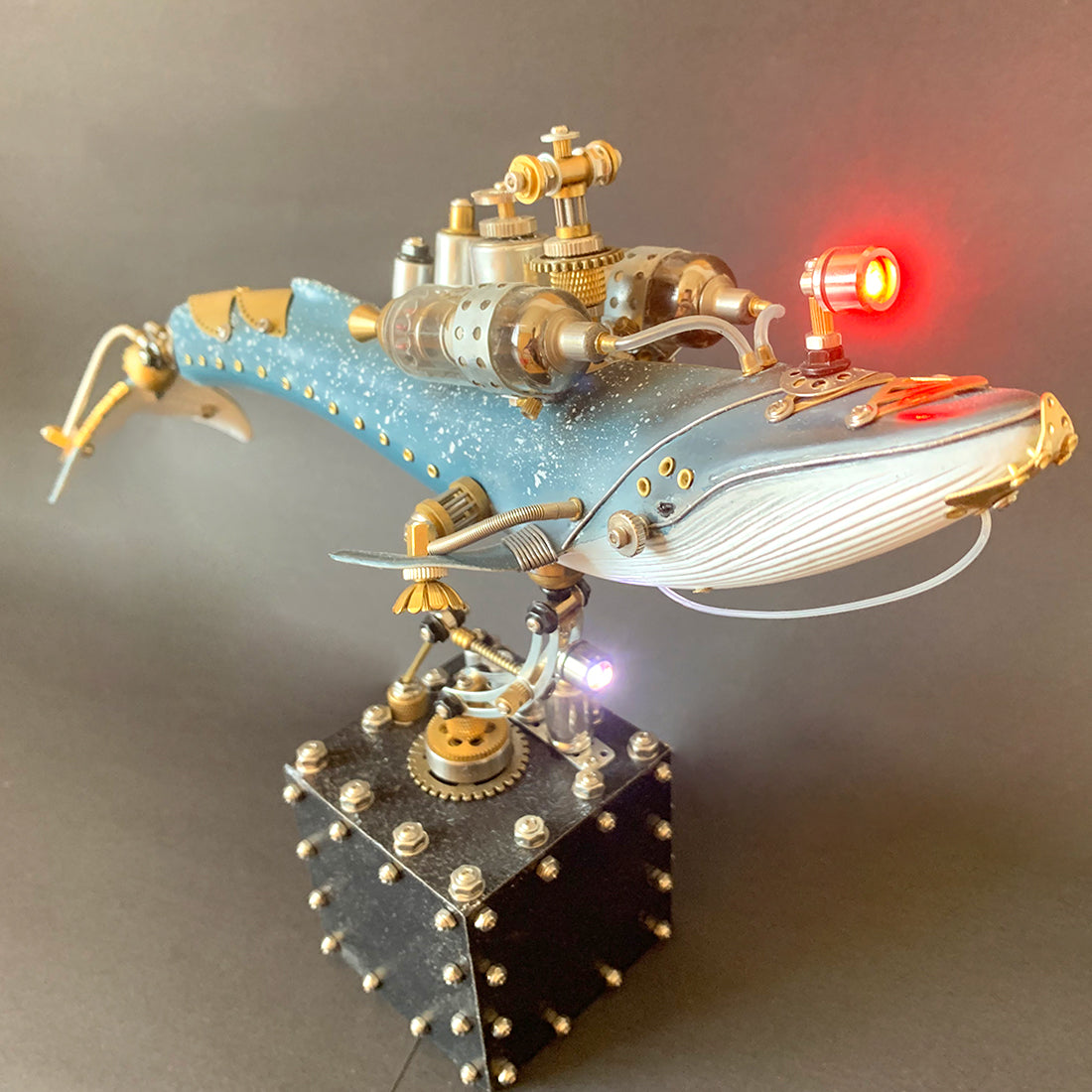 Creative 3D Blue Whale Animal Metal Steampunk Model with Base Handmade Assembled Crafts