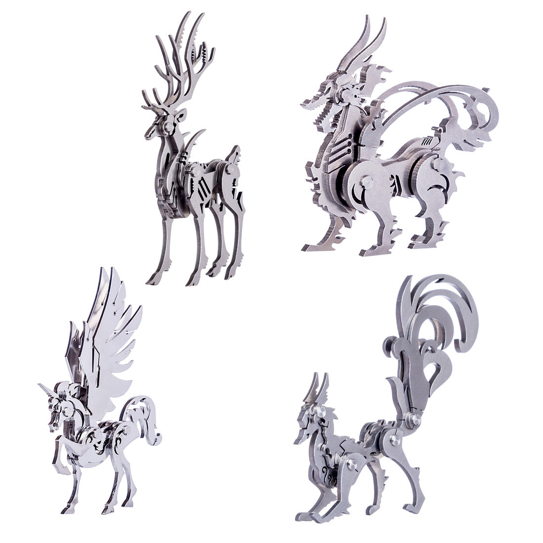 4PCS DIY 3D Assembly Stainless Steel Fox Elk Beast Unicorn Puzzle Toy Model