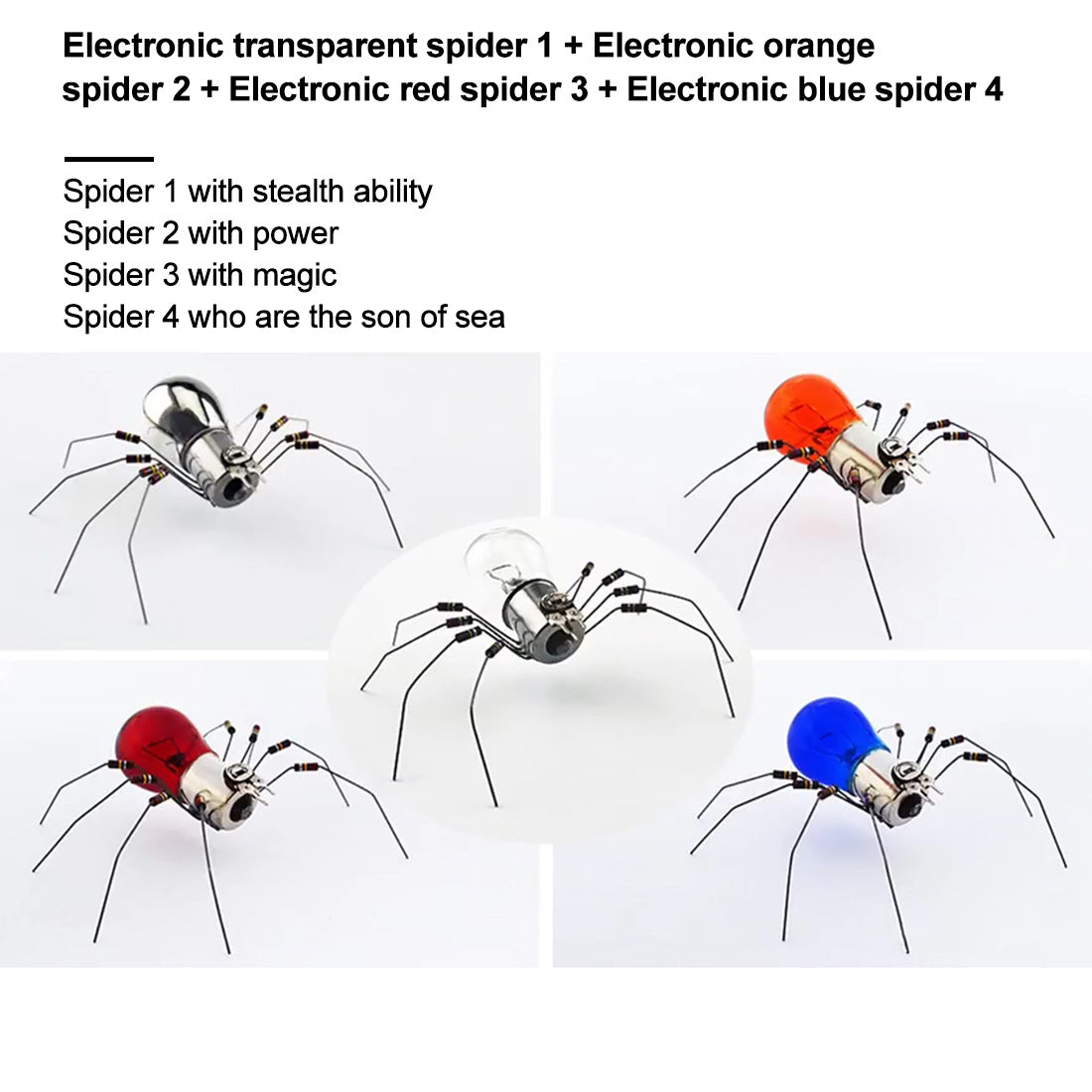 DIY Electronic Insect Kit Handmade 4 Spiders Model with Glow Light