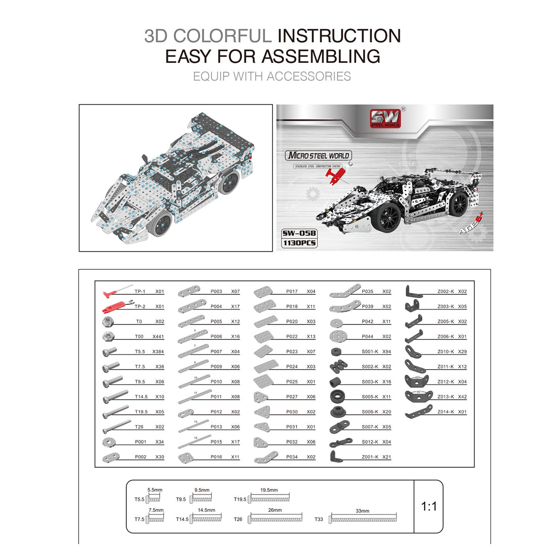 DIY Racing Car Assembly Kit 3D Metal Screw Vehicle Model Toys for Adults Kids 1130Pcs