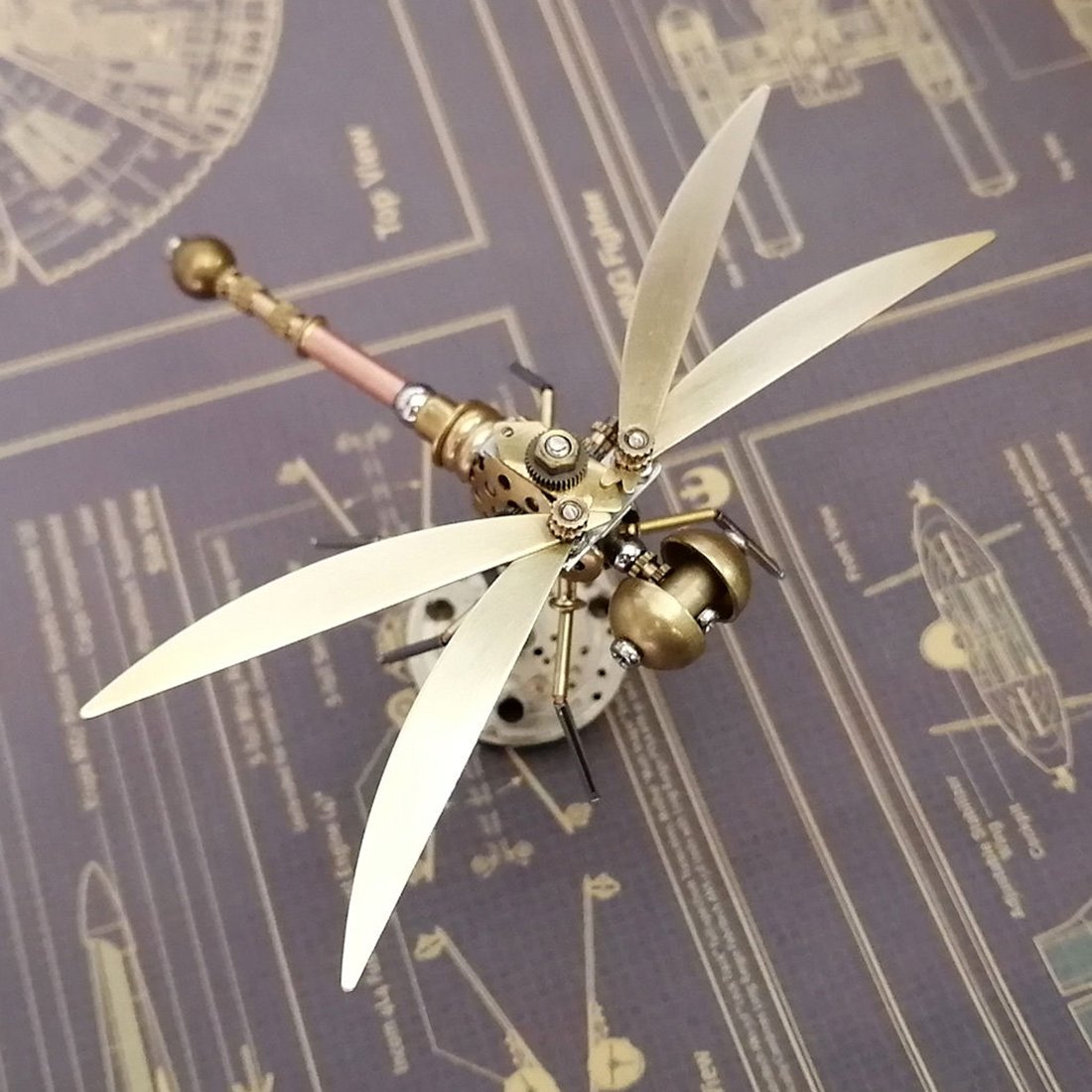Golden 3D Metal Mechanical Steampunk Dragonfly  Insects Model with Random Base