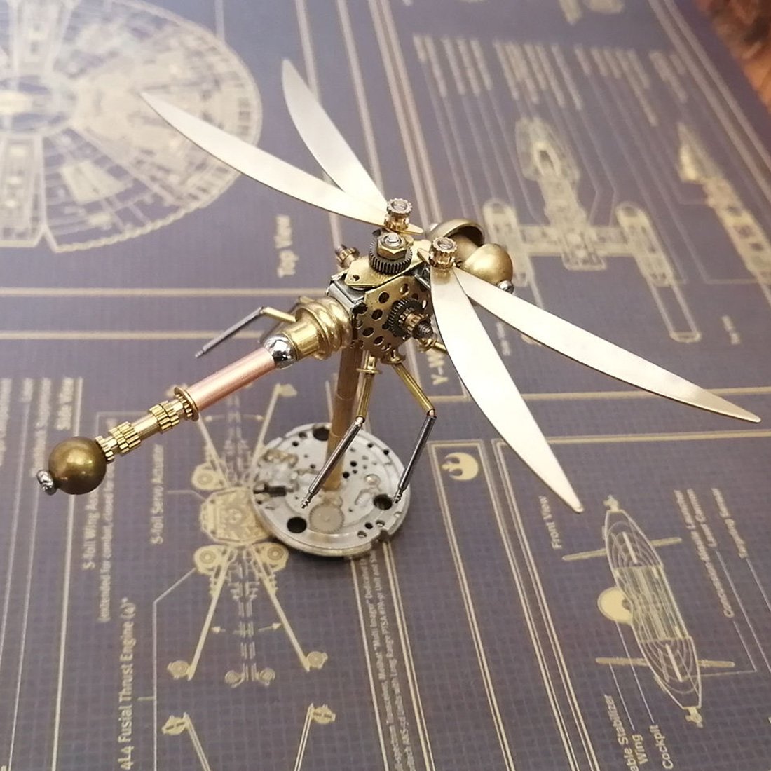 Golden 3D Metal Mechanical Steampunk Dragonfly Insects Model with Rand
