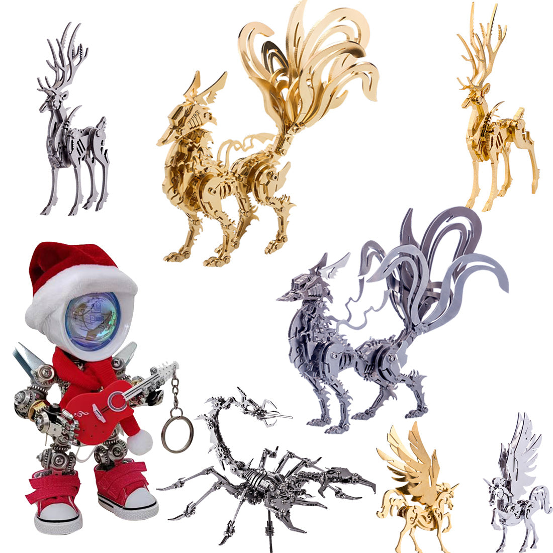 Golden Christmas Bundle Santa Claus with Fox Elk Scorpion Sets 3D Metal Puzzles