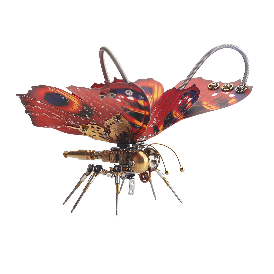Steampunk 3D Orange-red Peacock Butterfly Model Assembly Kit With Flower Base