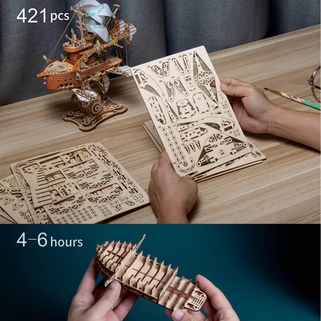 Wootswood-Puzzle 3D en bois- Bateau fantasy steampunk