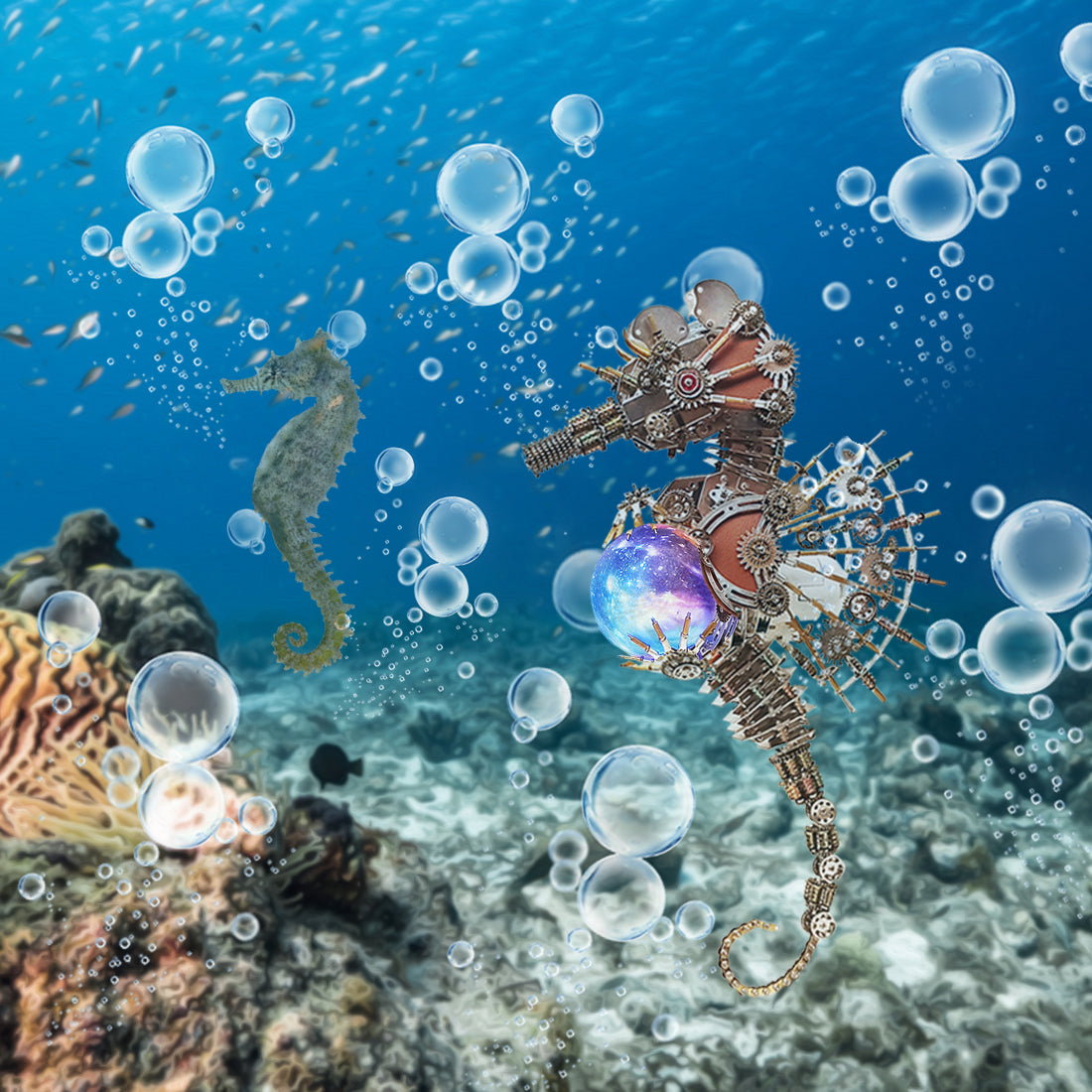 Steampunk Style Pregnant Seahorse Holding Planet  Metal Model Kits -Keep the Planet Healthy